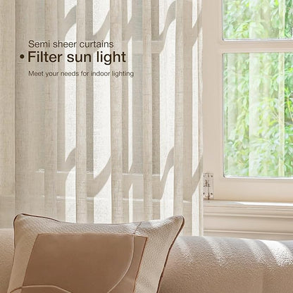 Anmao Natural Linen Curtains for Living Room 96 Inch Length 2 Panels Set, Light Filtering Semi Sheer Window Curtain Drapes for Bedroom with Curtain Rings and Clips, 52 Inch Wide Each Panel, Linen