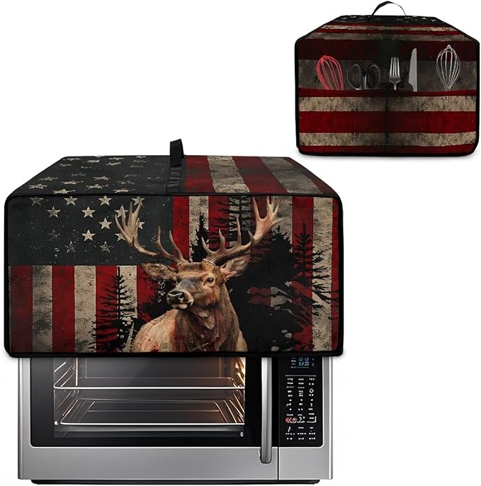 Vintage Deer Elk Print Microwave Oven Cover Waterproof Dust Cover for Microwave Oven American Flag Forest Print Universal Small Appliance Dust Covers Dirt and Fingerprint Protection, M
