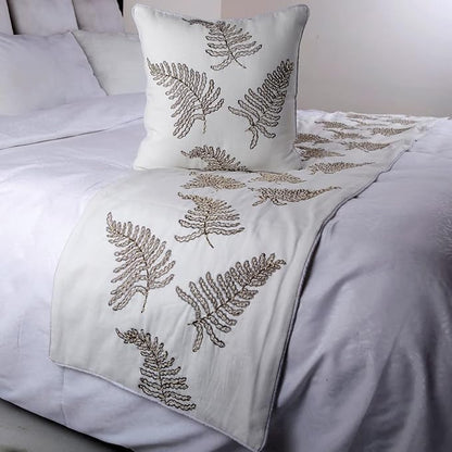 The HomeCentric King Size 90"x18" Decorative Bed Runner with Matching Pillow Cover, White Linen Bed Scarf in Fern Embroidery & Pearl - Fern Blossom