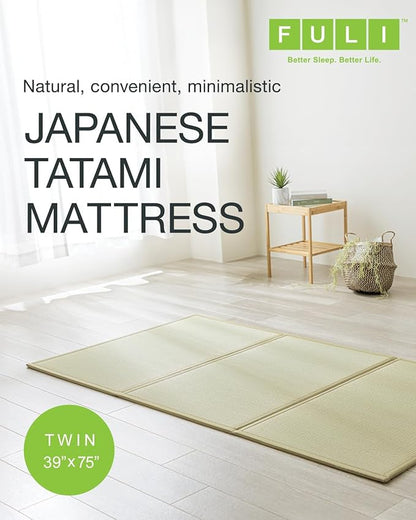 FULI Japanese Tatami Mattress, Tatami Rug, Igusa Mat (Japanese Rush Grass) Folds in Three, Made in Japan (Natural, Twin)