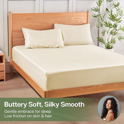 MR&HM Queen Fitted Sheet Only, Ultra-Soft Rayon Derived from Bamboo & Polyester Blend, Silky & Breathable, 15" Deep Pocket with Elastic Straps, Cooling Fitted Sheet for Hot Sleepers, Cream