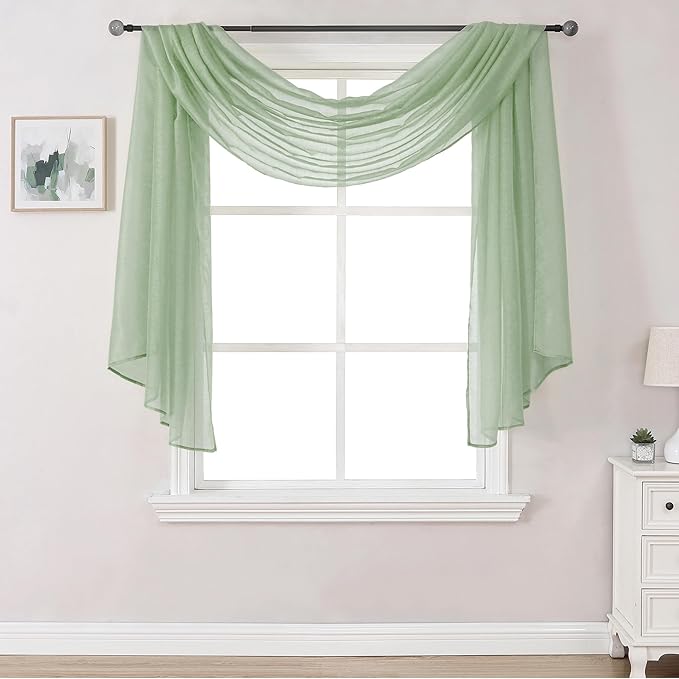 DONREN 144 Inches Long Window Scarf for Party - Luxury Soft Semi Sheer Scarf Valance for Wedding (1 Panel,Sage Green)