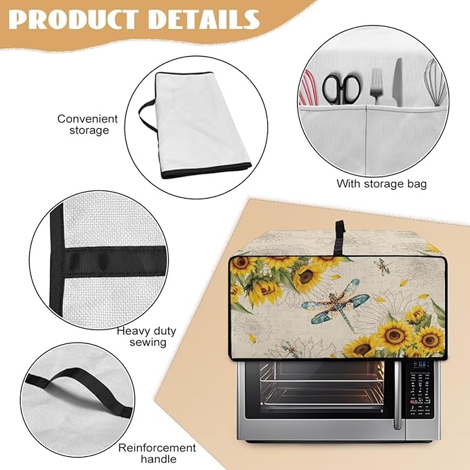 Dragonfly Sunflower Print Microwave Oven Cover Dust-Proof Microwave Toaster Oven Cover with Storage Bags Universal Washable Decor Accessories for Kitchen, L