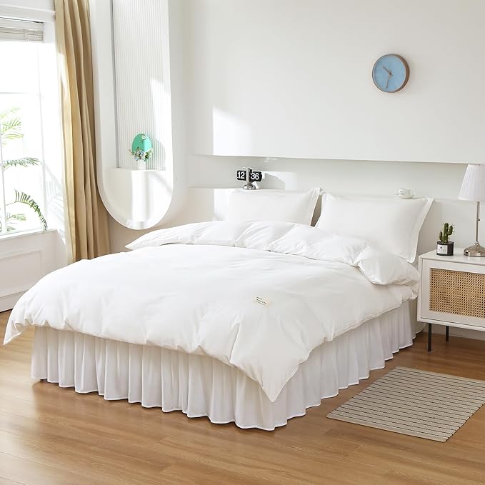 MEILA Wrap Around Bed Skirt Three Fabric Sides Elastic Dust Ruffled 16 Inch Tailored Drop,Easy to Install Fade Resistant-Natural White, Twin/Full