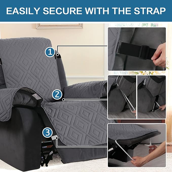 H.VERSAILTEX Reversible Quilted Recliner Covers Water Resistant Furniture Protector for Reclienr Chair with Elastic Straps for Pets Kids Sitting Width Up to 28"(Oversized Recliner, Gray/Beige)