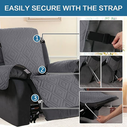 H.VERSAILTEX Reversible Quilted Recliner Covers Water Resistant Furniture Protector for Reclienr Chair with Elastic Straps for Pets Kids Sitting Width Up to 28"(Oversized Recliner, Gray/Beige)