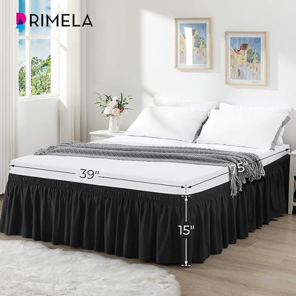 RIMELA Bed Skirting Queen Size Black Bed Skirt 25 Inch Drop, Wrap Around Elastic Adjustable Bedskirt, Dust Ruffle for Bed Frame & Box Spring Soft Durable Fabric Machine Washable Easy to Install