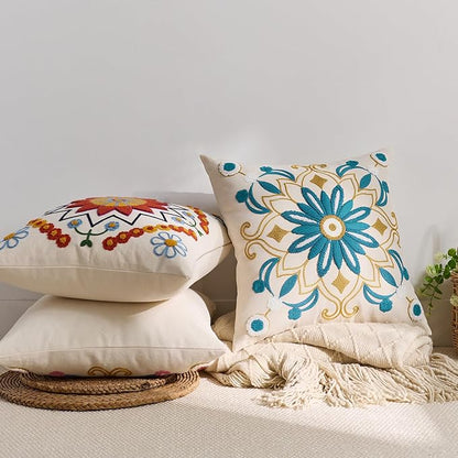 Embroidered Throw Pillow Cover 22x22 Classic Boho Floral Pattern Pillows Cover Outdoor Decorative Pillowcase,Durable Cozy Textured Cushion Case for Sofa Couch Bed Living Room,Teal
