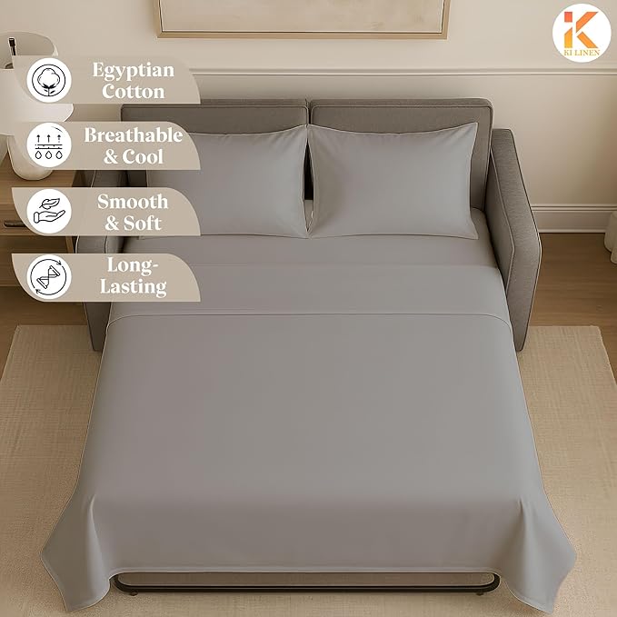 Sleeper Sofa Bed Sheet Set - Queen Size 4 PC's Sheet Set Sofa Bed Sheets - 100% Cotton 400 Thread Count Sofa Sheets - Sleeper Sofa Sheets - Fits Mattresses Up to 6" Drop - Light Grey