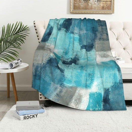 LOKMU Throw Blanket, Teal and Grey Abstract Art Ultra-Soft Cozy Flannel Blankets, Fuzzy Plush Lightweight Modern Blanket for Couch Sofa Bedding Home Decor, 60" L x 50" W