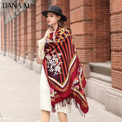 DANA XU 100% Merino Wool Pashmina Shawl for Women 96"x43", Oversized Cashmere Wrap with Tassels, Floral Travel Blanket Cape