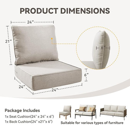 6" Thick Outdoor Chair Cushions - 24"* 24" Patio Furniture Cushions with Water Resistant & Removable Cover, 28D High Density Sponge Patio Cushion for Outdoor Furniture Couch Chair Beige