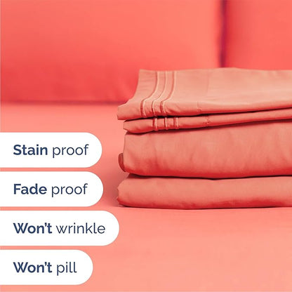 Queen Size 4 Piece Sheet Set - Comfy Breathable & Cooling Bed Sheets Set - Hotel Luxury Bedding for Women, Men, Kids, Teens, Boys & Girls - Deep Pockets, Ultra-Soft, Wrinkle Free - Oeko-Tex - Coral