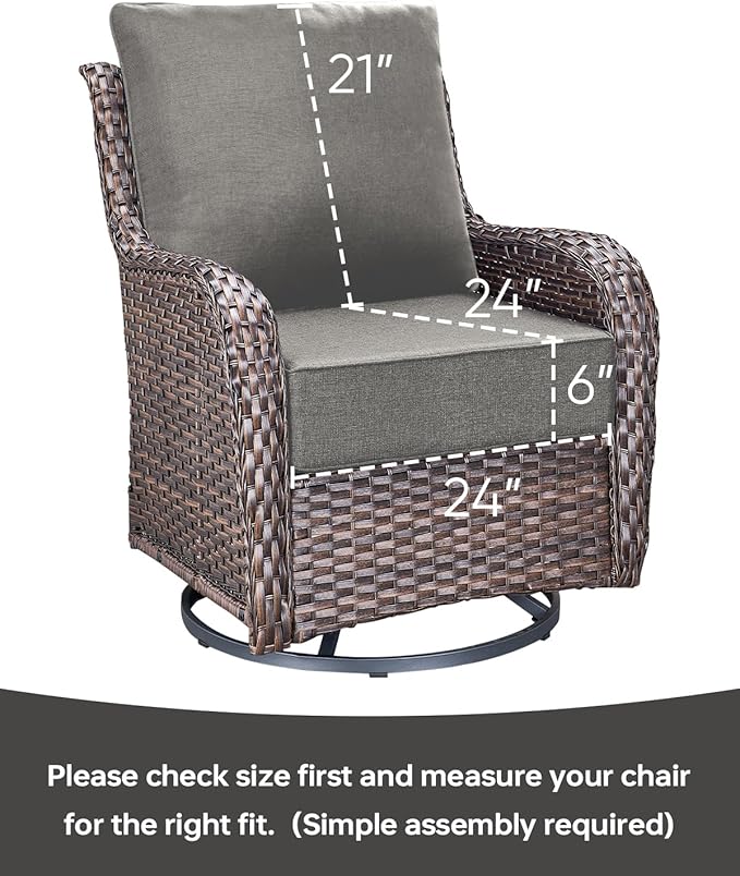 Luxury 24x24x6 Inch Outdoor Deep Seat Cushions Set of 6 - Comfortable Patio Zipper Chair Cushion for Outside Sets Wicker Dining Rocking Swivel Chairs Loveseat Couch Sectional Sofa - Grey