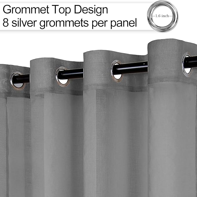 XWZO Grey Sheer Curtains 90 Inches Long for Bedroom, Faux Linen Light Filtering Voile Textured Grommet Window Curtains for Living Room/Office/Kids Room with Tiebacks, W52 x L90, Set of 2 Panels,Adult