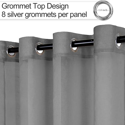 XWZO Grey Sheer Curtains 90 Inches Long for Bedroom, Faux Linen Light Filtering Voile Textured Grommet Window Curtains for Living Room/Office/Kids Room with Tiebacks, W52 x L90, Set of 2 Panels,Adult