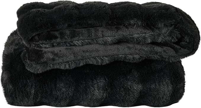 Lotus Karen Faux Fur Blanket Black - Big Bubble Rabbit Fluff King Throw for The Bed Large Fluffy Fuzzy Cozy Thick Furry Plush Shaggy Blankets 108x90 Inches