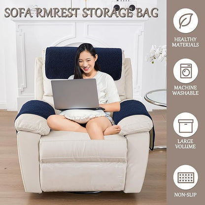 Armrest Cover, Recliner Chair Protector, Furniture Protector Slip, Side Storage Pocket, Stretch Armchair Couch Arm Rest Cover for Recliner, Chair, Sofa (Navy Blue,3 Seater(5pcs))