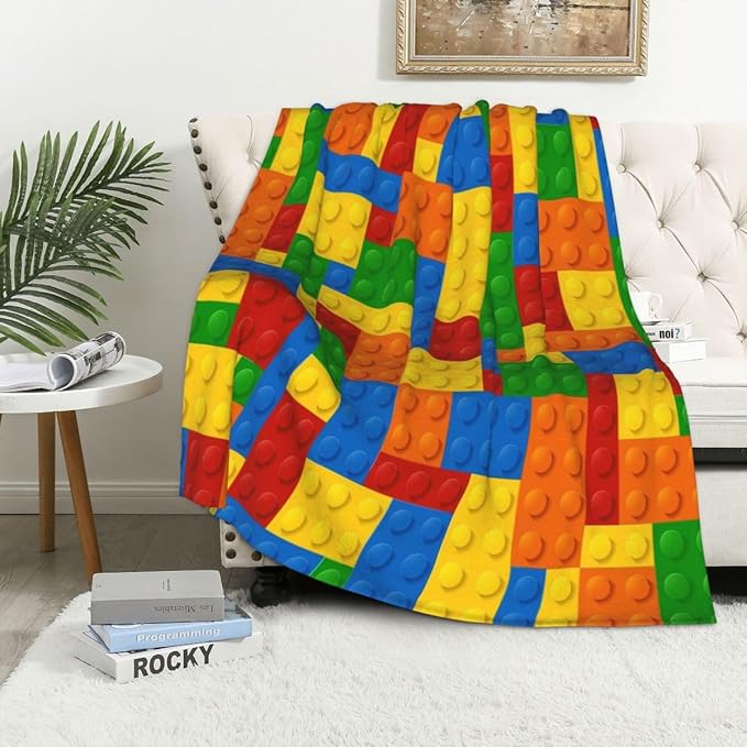 LOKMU Throw Blanket, Kids Colorful Blocks Ultra-Soft Cozy Flannel Blankets, Fuzzy Plush Lightweight Modern Blanket for Couch Sofa Bedding Home Decor, 60" L x 50" W