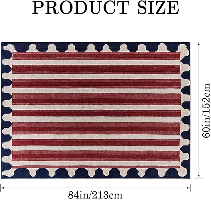 9CH Red White Stripes Area Rug 7' X 5' Navy Blue Modern Geometric Lines Faux Wool Rugs Soft Non-Slip Vintage American Flag Carpet for Bedroom Dining Room Office