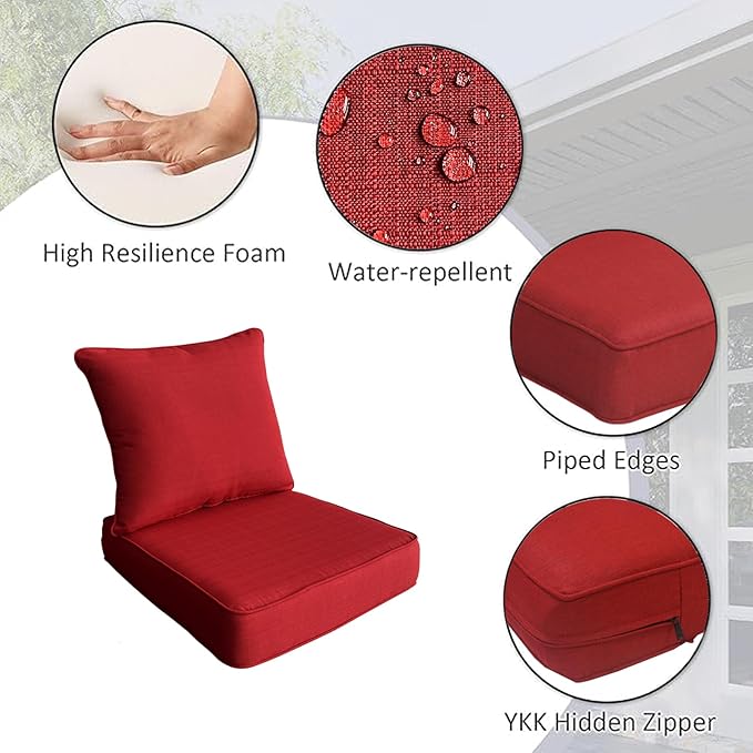 COZYVIDA Outdoor/Indoor 24x24 inch Deep Seat Patio Cushions Set of 2 Resilient Foam Filling Water Repellent Stain-Resistant UV Resistant Weather Resistant Patio Cushions Chili