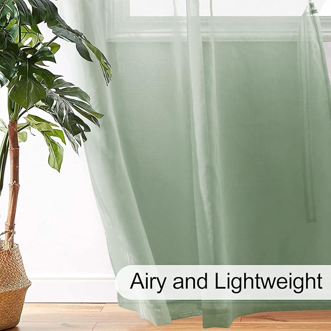 XWZO Sheer Curtains for Bedroom, Light & Airy, Grommet Top Light Filtering Window Curtains for Living Room, Sliding Glass Door, Bean Green with Tiebacks, Set of 2 Panels, 52 x 90 Inches Long
