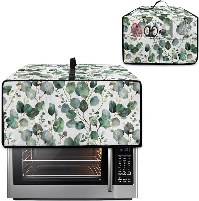 Toaster Oven Cover with Side Pockets, Dustproof Smart Microwave Convection Oven Cover with Handle, for Kitchen Decor, S, 14.5 x 18.5 x 9 Inches, Eucalyptus Leaves Green White