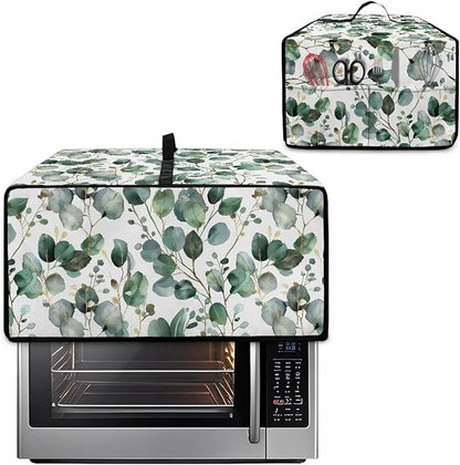Toaster Oven Cover with Side Pockets, Dustproof Smart Microwave Convection Oven Cover with Handle, for Kitchen Decor, M, 16.5 x 20.5 x 10 Inches, Eucalyptus Leaves Green White