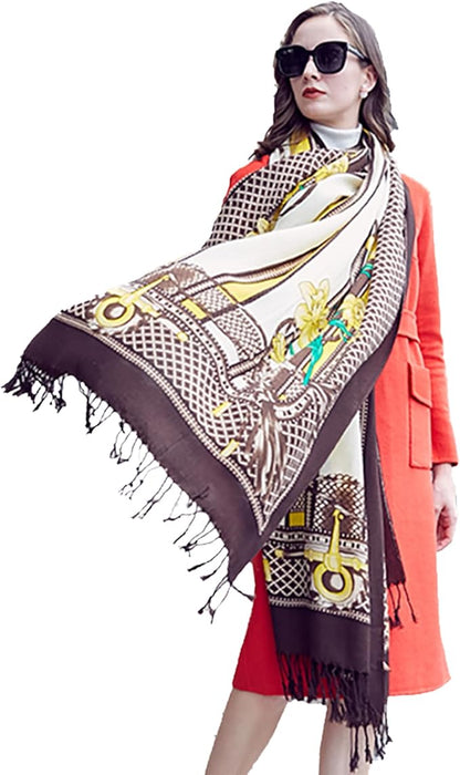 DANA XU 100% Merino Wool Extra Large Pashmina Blanket Travel Scarf Cashmere Wrap for Women Fall Winter Oversize Shawl Floral