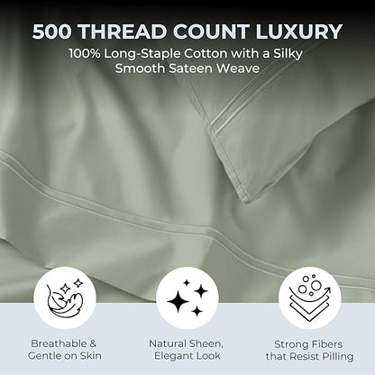 100% Natural Cotton Bed Sheets | 500 TC Single-Ply Sateen Weave Twin Sheets Set | Soft, Breathable, Hypoallergenic Solid 3-Piece Bedding with Deep Pocket Fitted, Flat, Pillowcase | Sage