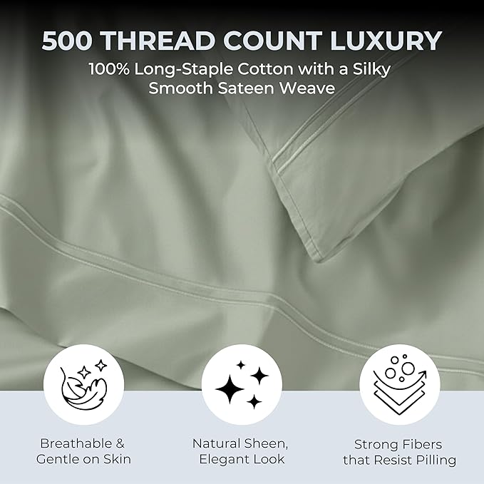 100% Natural Cotton Bed Sheets | 500 TC Single-Ply Sateen Weave King Size Sheets Set | Breathable & Hypoallergenic Solid 4-Piece Bedding with Deep Pocket Fitted, Flat, Pillowcase | Sage