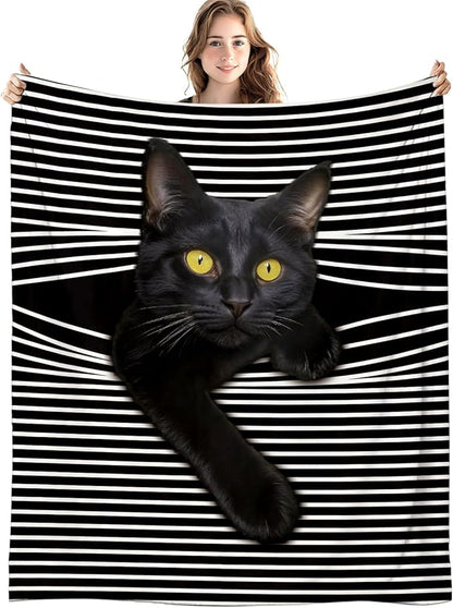 Funny Black Cat Blanket, Funny Cats Black and White Striped Throw Blankets for Home Bedroom Living Room Couch Bed Decor, Black Cat Mom Lovers Gifts for Women, 50x60 Inch