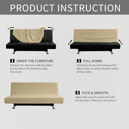 Easy-Going Stretch Futon Slipcover Armless Futon Bed Cover Furniture Protector Without Armrests with Elastic Bottom for Kids, Soft Jacquard Fabric Small Checks (Large, Beige)