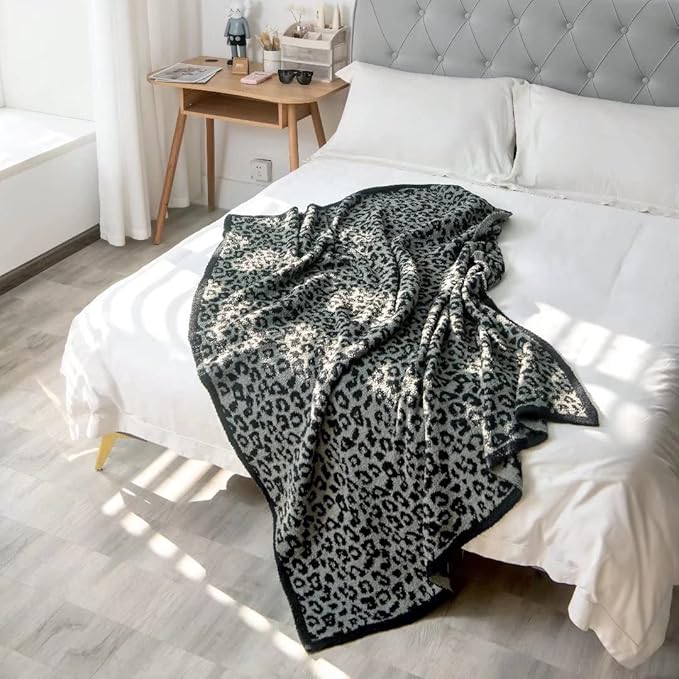 Yarn Leopard Jacquard Throw Blanket Fringe Lightweight Cozy Bed Blanket Soft Throw Blanket fit Couch Sofa Suitable for All Season,Graphite/Carbon