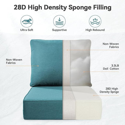 Luxury 6" Outdoor Cushions for Patio Furniture, 24x24x6" Thick Seat Cushion Set of 7, Fade Resistant Couch Chair Replacement Cushions High Density Deep Wicker Chair Cushion w/ Removable Cover, Green