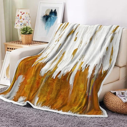 Abstract Ombre Throw Blankets, Modren Chic Art Oil Painting Cozy Warm Bed Couch Blanket, Yellow Gold White Fleece Flannel Throws to Decorate The Room and Bedroom