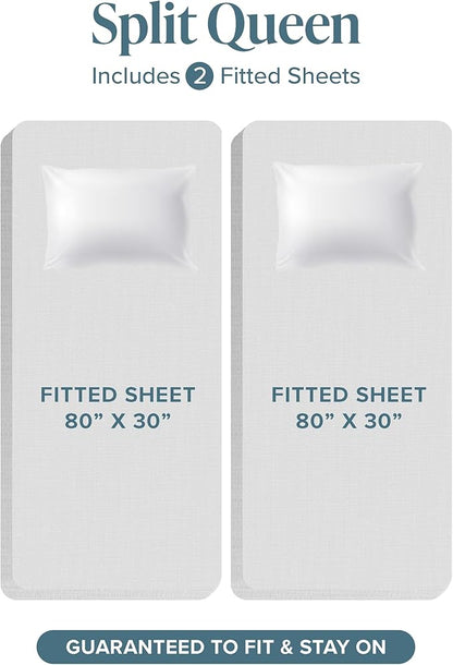 Bare Home Fitted Bottom Sheet Split Queen Size - Premium 1800 Microfiber - Ultra-Soft Hotel Luxury - Deep Pocket - Durable and Long Lasting (Split Queen, White)