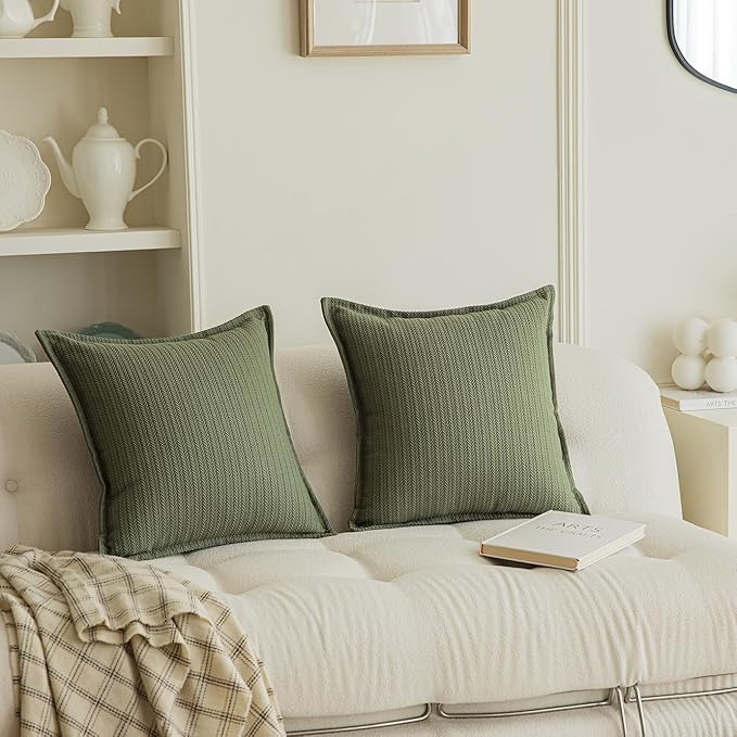 Set of 2 Cozy Striped Herringbone Flange Throw Pillow Covers, Aesthetic Embossed Pattern Pillow Covers for Couch and Bed - 18"x18", Sage Green