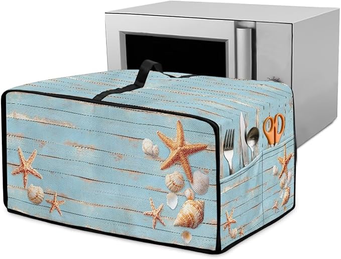Dustproof Microwave Oven Cover Polyester-Linen Fabric Dust Cover for Microwave Oven Foldable Kitchen Machine Covers with Storage Pockets, Starfish Seashell Wood Grain Print, S