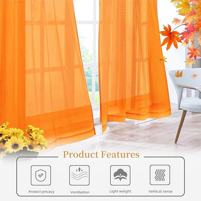 Sheer Curtains 45 Inches Long 2 Panels, Rod Pocket Short Curtain for Kitchen, Bedroom, Cafe Window(Orange 38" W x 45" L)
