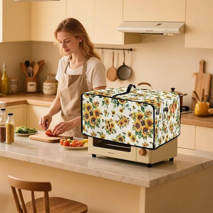 Sunflower Bee Print Toaster Oven Cover Dust-Proof Microwave Oven Cloth Cover with Storage Pockets Foldable Kitchen Machine Covers Case Protections Protector, S