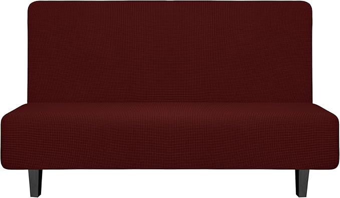 Easy-Going Stretch Futon Slipcover Armless Futon Bed Cover Furniture Protector Without Armrests with Elastic Bottom for Kids, Soft Jacquard Fabric Small Checks (Medium, Wine)