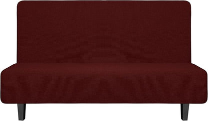Easy-Going Stretch Futon Slipcover Armless Futon Bed Cover Furniture Protector Without Armrests with Elastic Bottom for Kids, Soft Jacquard Fabric Small Checks (Medium, Wine)
