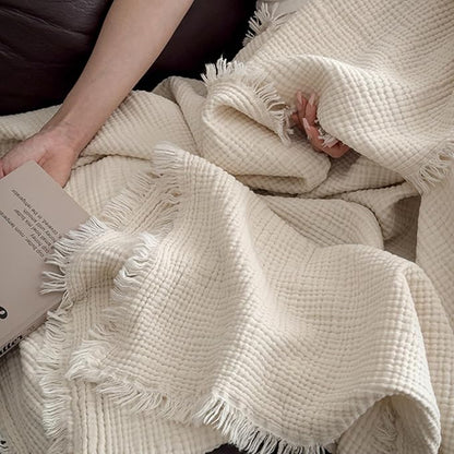 MorroMorn 100% Cotton Queen Size Bed Blanket 80"x90" Muslin Blanket with Fringes, 4-Layer Gauze Blankets for Adult, Boho Bedding Breathable Lightweight Ultra-Soft for All Seasons, Linen Beige