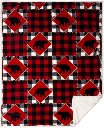 CARSTENS, INC. Ultra Premium Super Soft Plush Sherpa Fleece Oversized Throw Blanket 54" x 68", Lumberjack Bear Red Plaid