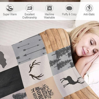Rustic Cabin Throw Blanket, Retro Camping Bear Deer Farmhouse Wildlife Tree Forest Brown Gray Print Warm Flannel Blanket for Bedroom Camping Travel, 40"x50"