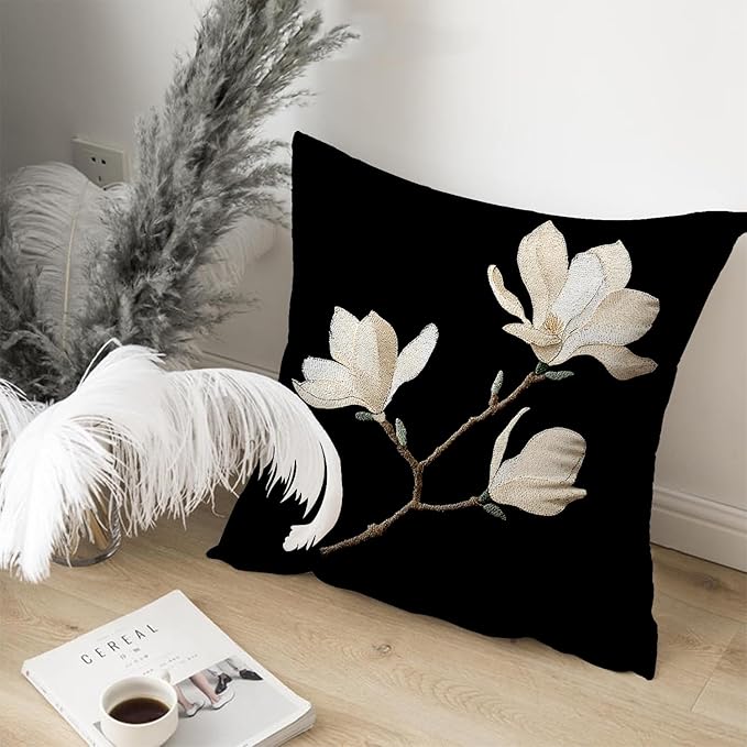 Vintage Floral Throw Pillow Covers, Vintage Flower Pattern Double Sided Cushion Cover, Indoor and Outdoor Home Art Decor Pillowcase for Sofa or Bedroom Decor 18x18inches (Black&White, 18x18inches)