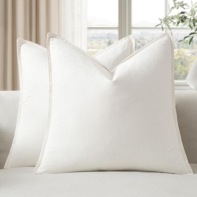 EMEMA Decorative Linen Throw Pillow Covers 26x26 Inch Cream Boho Farmhouse Neutral Couch Throw Pillows for Bed Pack of 2 Accent Pillowcase Modern Sofa Cushion Livingroom Home
