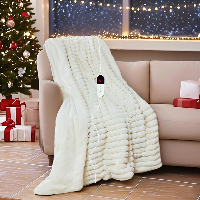 Heated Blanket 84"X90",Fast Heating Blanket with 6 Heat Levels 10 Hours Auto-Off Overheat Protection,Stripe Faux Rabbit Fur Soft Warm Electric Blanket, ETL Certified,Cream