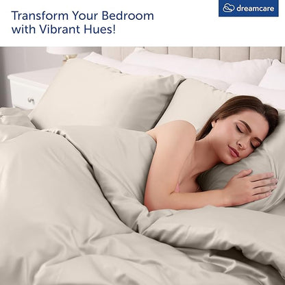 DREAMCARE King Size Sheets Set - Cooling Bed Sheets - 4pcs Set - up to 15" Deep Pocket King Sheet Set – Soft & Long Lasting Cooling - 100% Fine Brushed Microfiber with Side Pocket - Beige